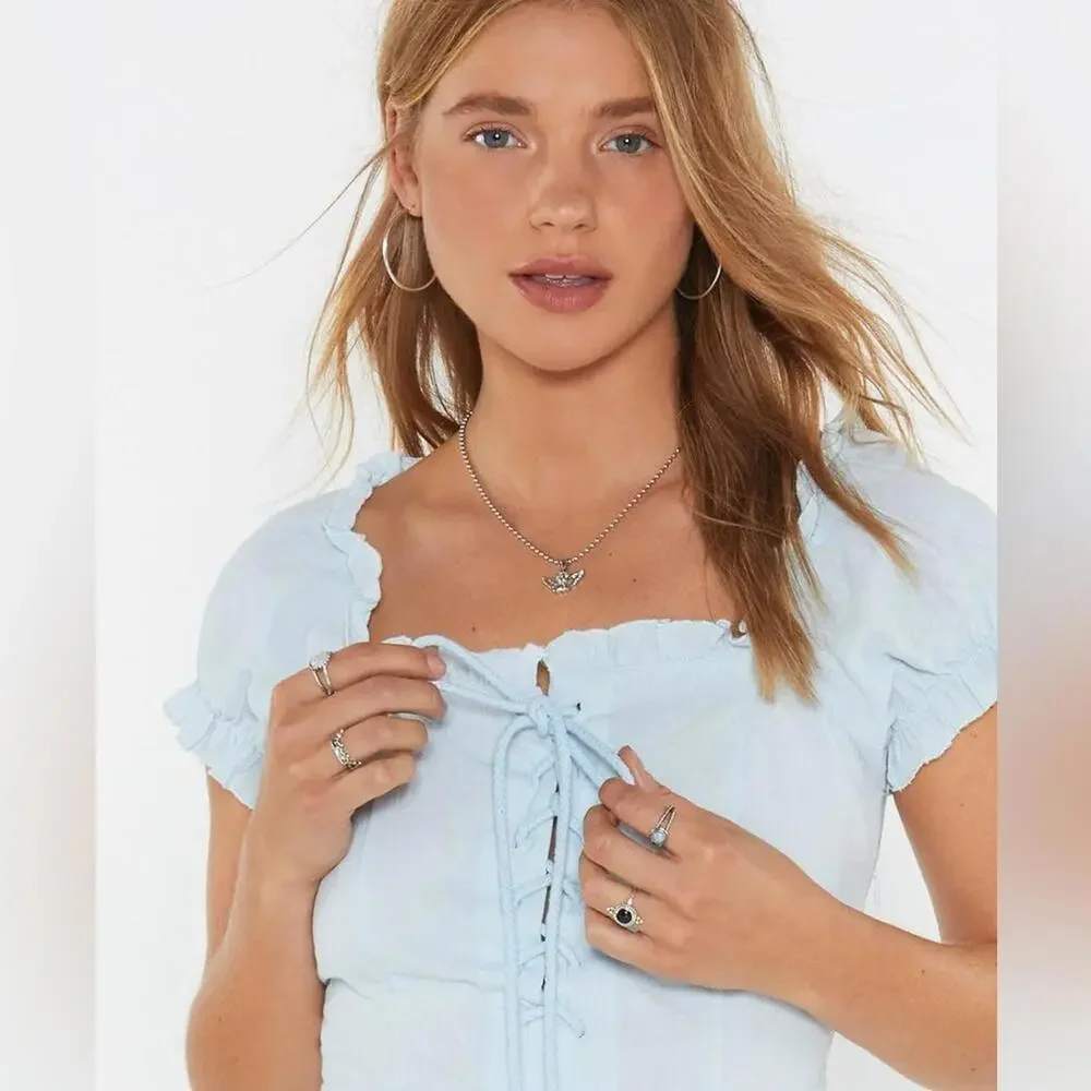 {SOLD} NWT Nasty Gal Light Blue Linen Lace Up Mini Dress- Size 8 - Picture 5 of 9